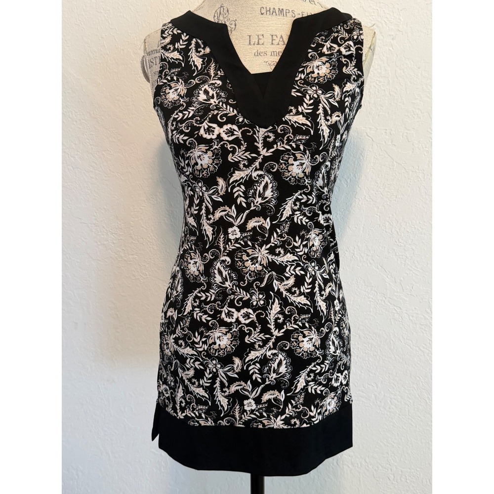 White House Black Market Floral Paisley V-Neck Sleeveless Tunic Top Black XXS